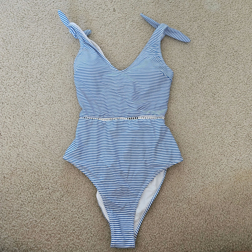 Cupshe Blue Striped Lace Up Back One-Piece Swimsuit Large